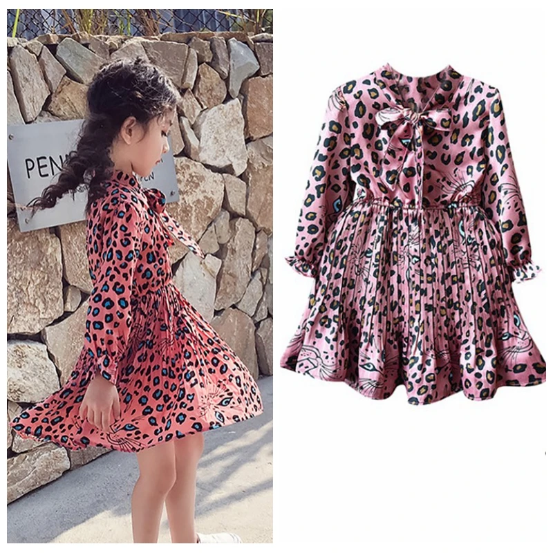 NOVÝ 2-8T Batoľa, Dieťa Oblečenie Baby Girl Leopard Tlač Šaty s Dlhým Rukávom Deti Tutu Princezná Sundress Jeseň