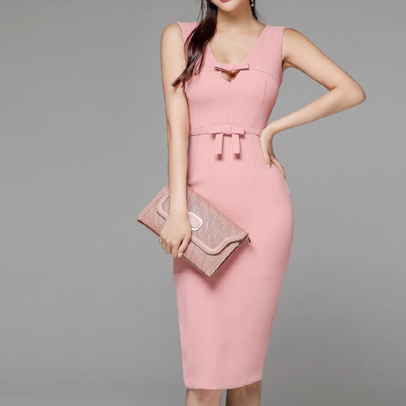 Nový príchod módne kórejskej strany bodycon šaty žien elegantné letné tvaru bez rukávov temperament OL sladké ružové ceruzka šaty
