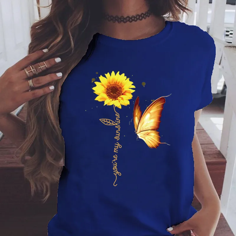 Nový Ženy T-Shirt Žiť Trochu Slnečnice Krátky Rukáv O-Neck T-Shirt Žena Svetlo Sivá 2020 Letné tričko Dámske Topy Čaj