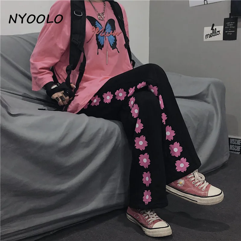 NYOOLO Harajuku streetwear Kvetinový tlač Voľné širokú nohu, nohavice ženy Bežné elastický pás hip hop skateboard bezec nohavice