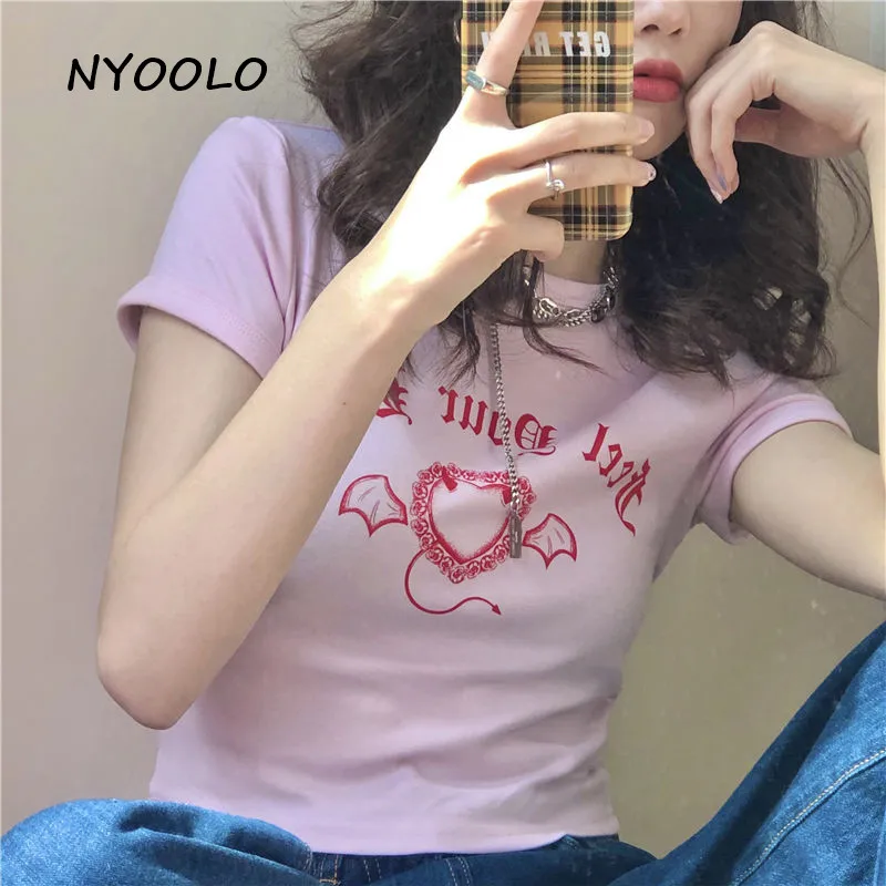 NYOOLO Harajuku štýl srdce krídla Gotický listov tlač Tenký, krátky rukáv, ružová T-shirt ženy 2020 lete O-neck tee tričko topy