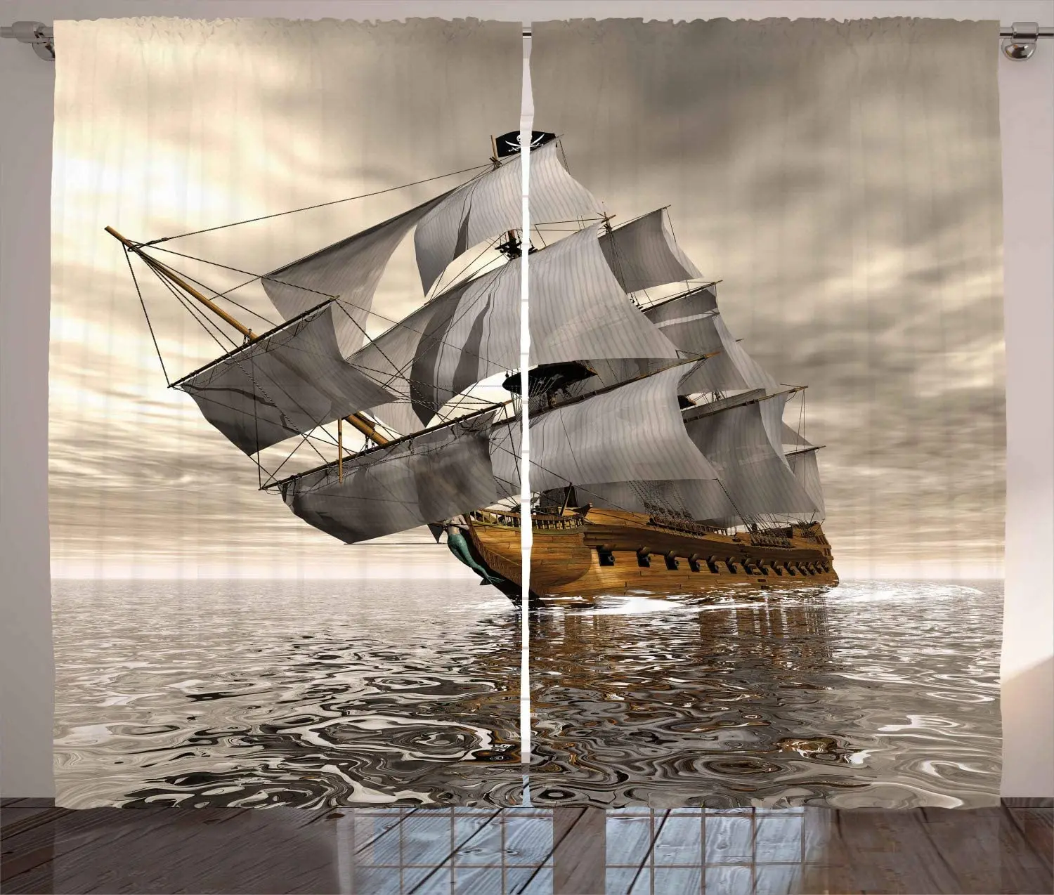 Ocean Závesy 3D Štýl Pirátskej Lodi More, Historické Plavidlo oblačnom počasí Plavby Prieskum Tému Obývacej Izby, Spálne, Okno Opony