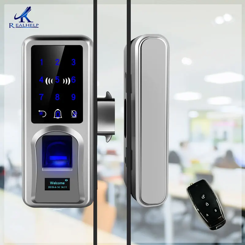 Odtlačkov prstov dverí zamky Zasklenie Smart Lock, Diaľkové Dotykový Displej Zvonček Úrad pre Sklo biometrické zámky Dverí riadenie prístupu