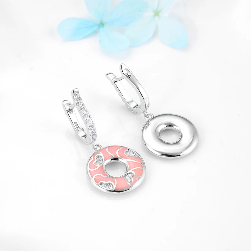 Okrúhly tvar Ružová Smalt Náušnice Pre Ženy 925 Sterling Silver Šperky Srdce Cubic Zirconia Dlho Stud Náušnice brincos