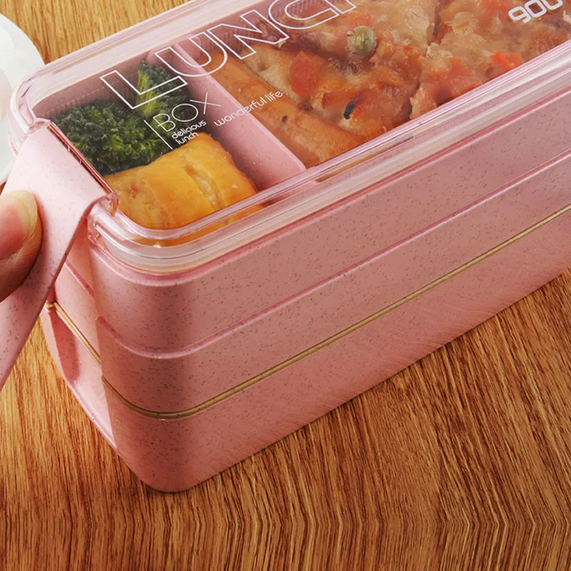 ONEUP Eco-friendly 900 ML Lunch Box Pšeničnej Slamy Bento Box S Riadu, 3 Vrstvy Skladovanie Potravín Kontajner Na Piknik Office Školy