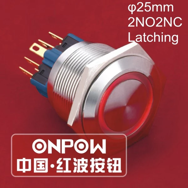 ONPOW 25 mm 2NO2NC Latching LED krúžok osvetlené Vodeodolné IP65 Nehrdzavejúcej ocele tlačidlo spínača (GQ25-22ZE/R/12V/S) CE, ROHS