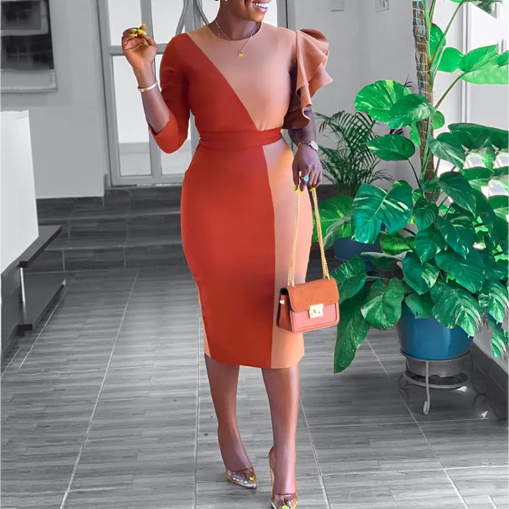 Orange Volánikmi Ženy Šaty Elegantné Africký Štýl Večeru Šaty Župan 2019 Patchwork Rovno Plášť Šaty Žena Vestiods