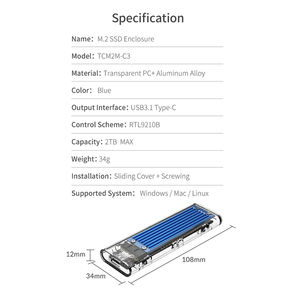 ORICO M2 SSD Prípade 10Gbps Typ-C USB3.1 M. 2 NVME/SATA, Dual Protokol Externý Pevný Disk Krytu SSD Box Podpora SSD Disk 2TB