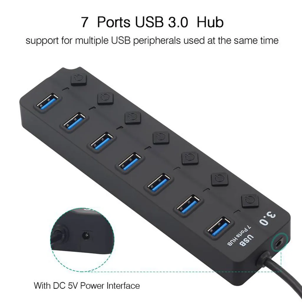 Ouhaobin USB ROZBOČOVAČ USB 3.0, USB 2.0 7 Port 5Gbps Vysoká Rýchlosť Na Vypnutie Prepínače Napájací Adaptér Pre PC