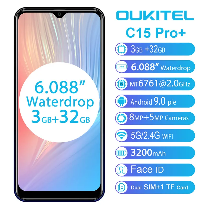 OUKITEL C15 Pro Android 9.0 3GB RAM, 32GB Mobilný Telefón MT6761 Odtlačkov prstov na Tvár ID 4G LTE Smartphone 2.4 G/5G WiFi Waterdrop Obrazovke