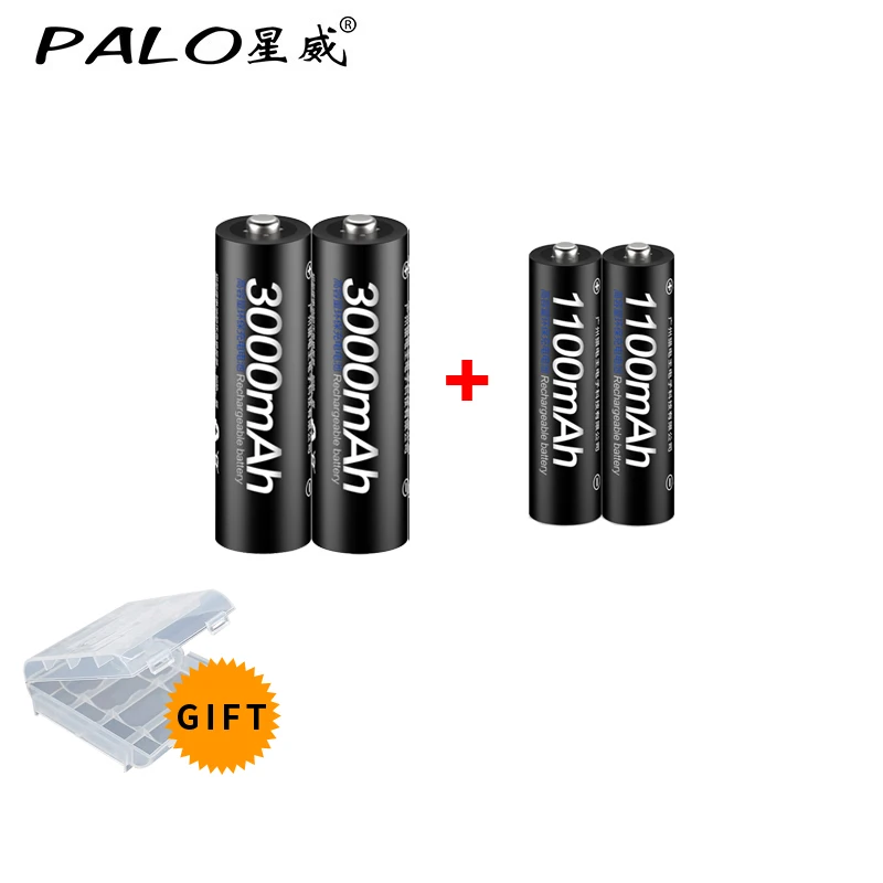 PALO 2ks 1.2 V 3000mAh AA Batérie + 2ks 1100mAh AAA Batérií NI-MH AA/AAA Nabíjateľné Batérie + 1pcs batérie poľa ako darček