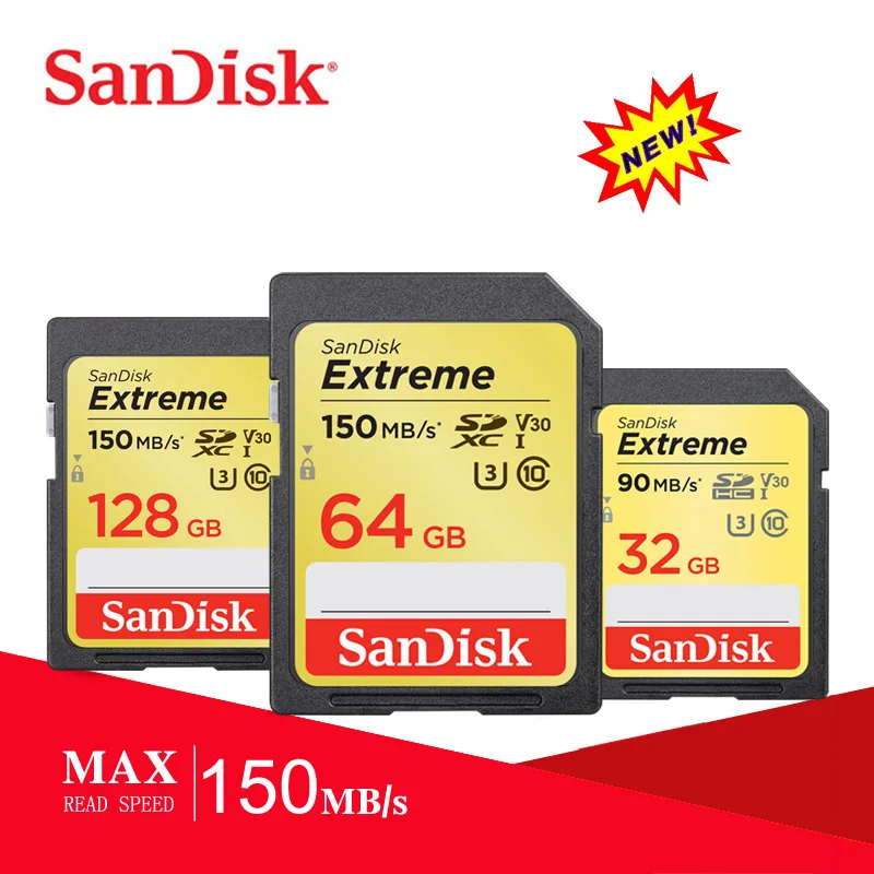 Pamäťová Karta SanDisk Extreme SDHC / SDXC Karty SD 4K UHD 64GB 128GB C10 U3 V30 150MB / s UHS-I Flash Karty Doprava Zadarmo