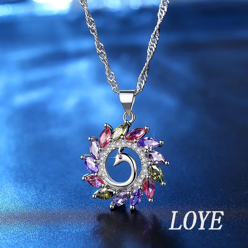 Peacock tvar visí prívesok náhrdelník nastavenie zirkónmi vode vlna reťazca, strieborná farba náhrdelník pre ženy