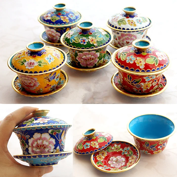 Peking Cloisonne Kryt Misy Tri-kus Čajové Misky Čaju Nastaviť Šálku Čaju Najlepšie Darčekové Dekorácie