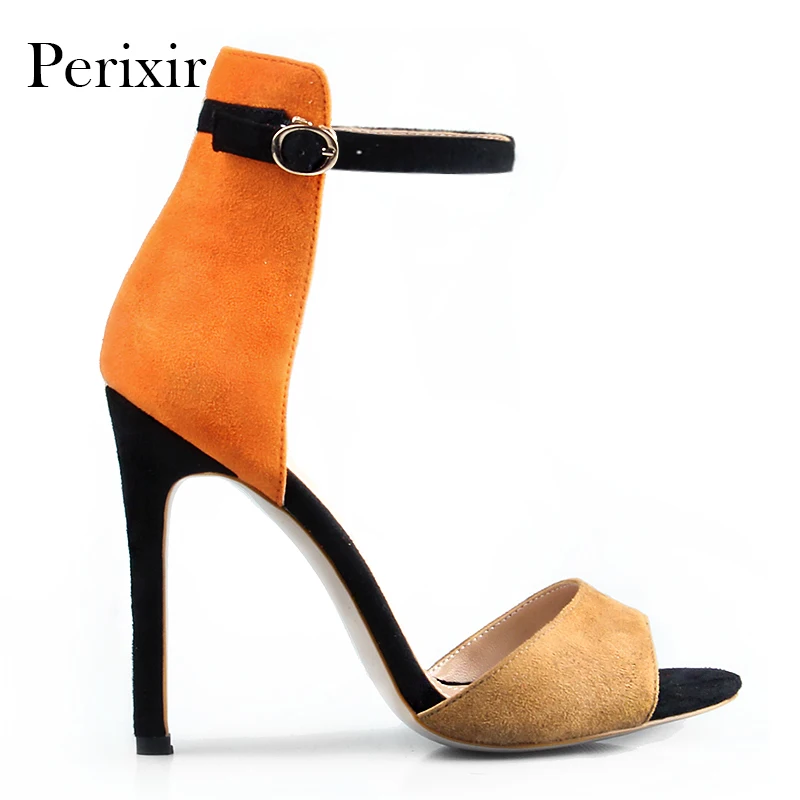 Perixir 2020 Žien Típat Prst Vysokým podpätkom Sandále Letných Orange Patchwork Sexy Topánky Faux Suede Vysoké podpätky