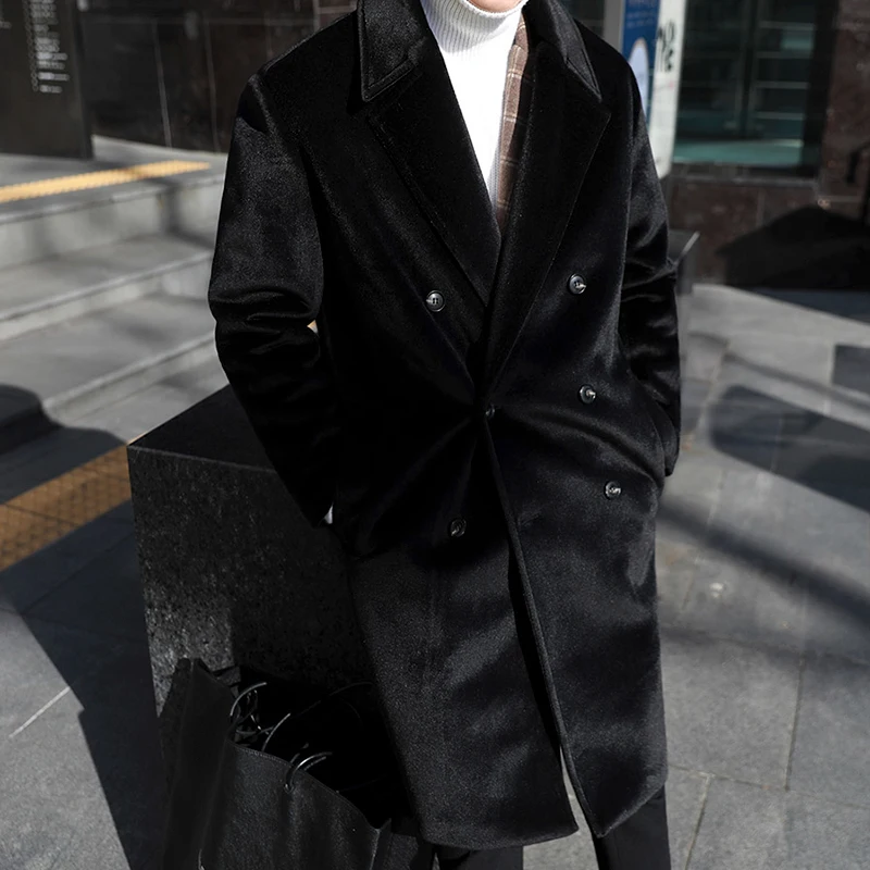 Pevné klope pánske vlnené kabát kórejský voľné long double-breasted mužov kabát Zime teplo slim plus veľkosť kabát chlapec 2020