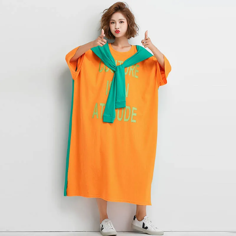 Plus Veľkosť Falošné Dve Kus Patchwork Šaty kórejský List Tlač Maxi T Shirt Šaty Žien Veľké Voľné Bavlnené Šaty 4XL 5XL 6XL 2019
