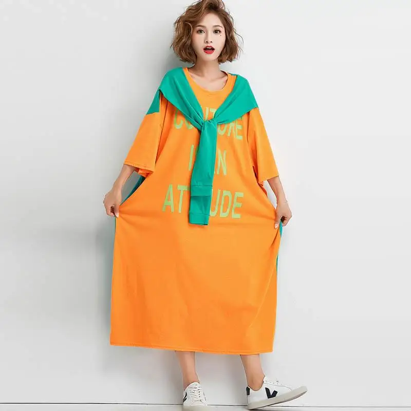 Plus Veľkosť letné Dlhé Tričko Šaty žien Falošné dve dielna sada Patchwork kórejský List Tlač Tričko Šaty Bavlna Dámske Šaty