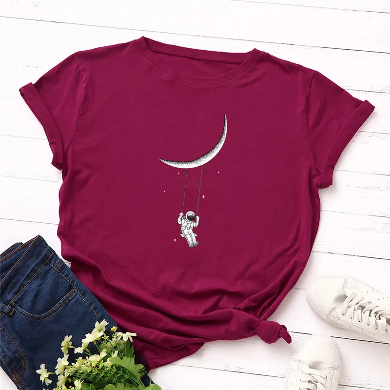Plus Veľkosť S-5XL Nový Mesiac, Astronaut Tlač Ženy T-tričko Bavlna O Krk Krátkym Rukávom Letné Tričko Ružové Topy Bežné Tričko