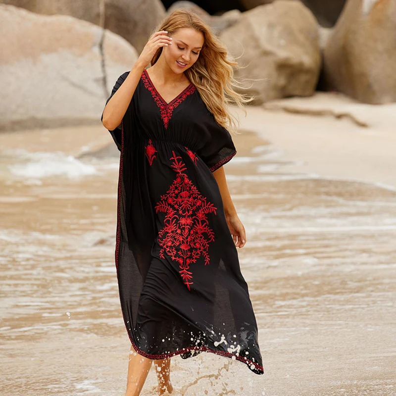 Plus veľkosť Výšivky Bavlna Boho Plážové Šaty Sarong Jeseň V Krku Ženy Maxi Bežné Šaty Župan De Plage Pareos Playa De Mujer