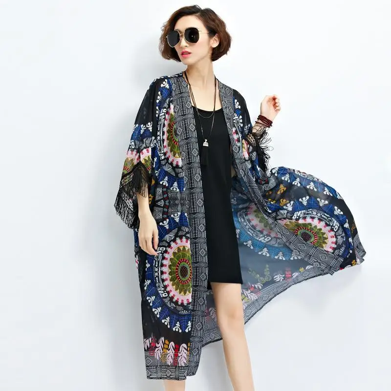 Plus Veľkosť Šifón Dlho kimono Čipky Cardigan Blúzka Ženy 2020 4XL 5XL 6XL 7XL Kvetinový Jar Leto Boho kórejský Vesty Blúzky