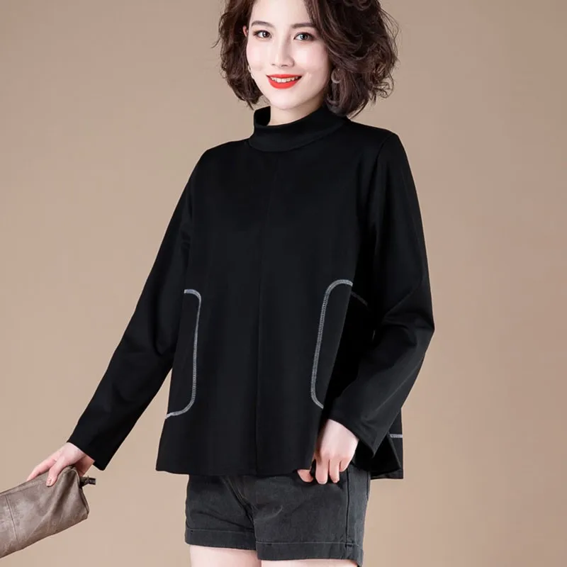 Plus Veľkosť Ženy Jeseň Dlhý Rukáv T-shirts Nový Príchod 2020 kórejský Štýl Vintage Turtleneck Voľné Dámy Bežné Topy Tees S2087