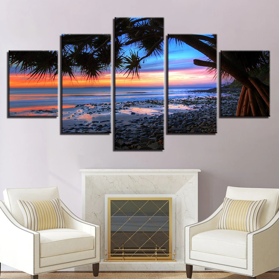 Plátno na Stenu Umenie Fotografie Domova Obývacia Izba 5 Kusov Sunrise Beach Kamene Strom Seascape Maľovanie HD Vytlačí Plagáty Rámec