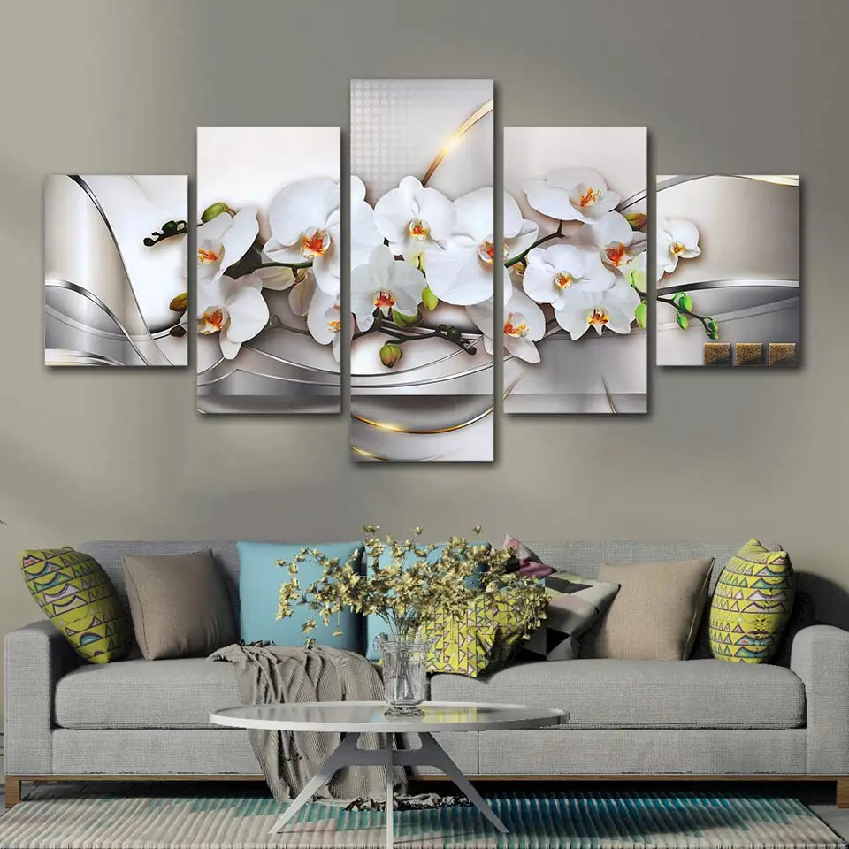 Plátno Plagát 5 Kusov Abstraktná Biela Phalaenopsis Kvety Maľovanie Obrázkov na Stenu Umenie Obývacia Izba HD Vytlačí Domáce Dekorácie