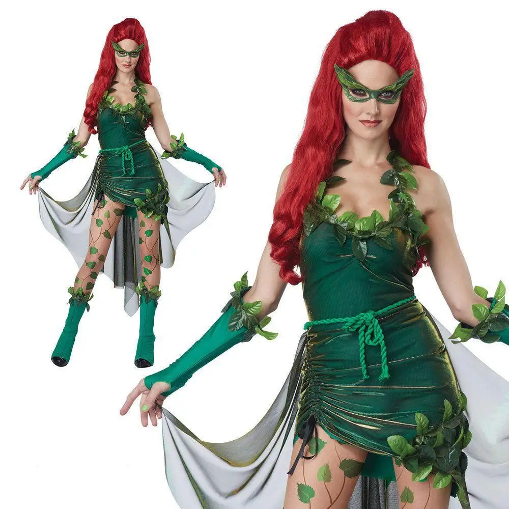 Poison Ivy Cosplay Dospelých Dievča Šaty Pamela Lillian Isley Cos Kostým Zelenej Elf Žena Halloween Oblečenie Strany Sexy Oblečenie