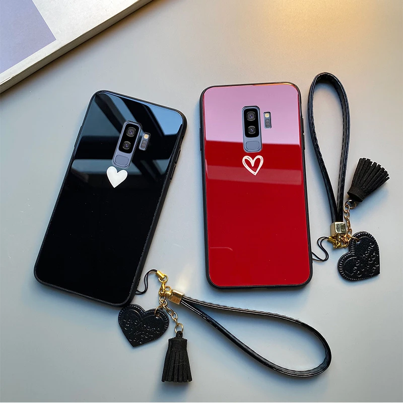 Pre Samsung Galaxy S9 Plus s8 Prípade Voľného popruh Červená Čierna Srdce Tvrdé Tvrdeného Skla Kryt Pre Samsung S8 Plus s9 telefón Puzdro