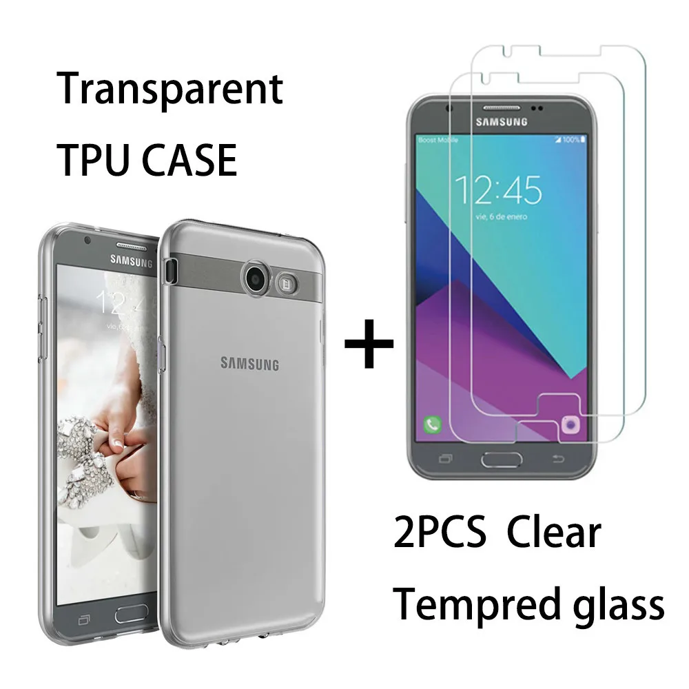 Pre Samsung J3 Objaví Amp Prime Xcover 2 Ultra Tenké Transparentné Mäkké TPU puzdro a 2 KS Jasné, Tvrdené Sklo Screen Protector