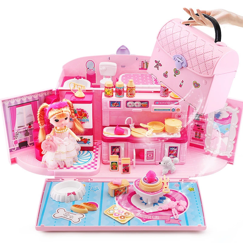Predstierať, že Hrať Deti tvoria Hračky, Luxusné Simulácia domček pre bábiky Kabelka, Hračky pre Dievčatá, Princezná Kuchyňa Spálňa Miniatúrne Nábytok