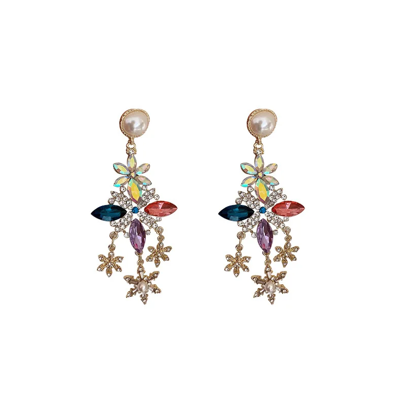 Prehnaný Luxus Rainbow Drahokamu Krištáľové Náušnice pre Ženy Veľké Kolo Simulovaný Pearl Flower Drop Náušnice Strany Šperky