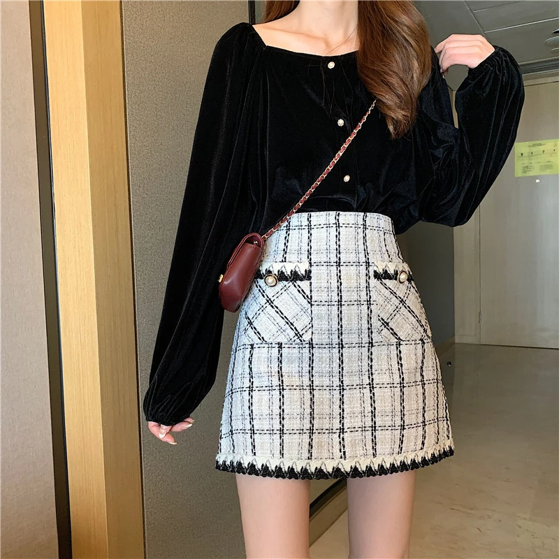 Prehoz Tweed Sukne Ženy Vysoký Pás Elegantné A-Line Vlna Ceruzku Sukne Zips Bežné Mini Sukne Kórejský Vrecku Vintage Francúzskej X519