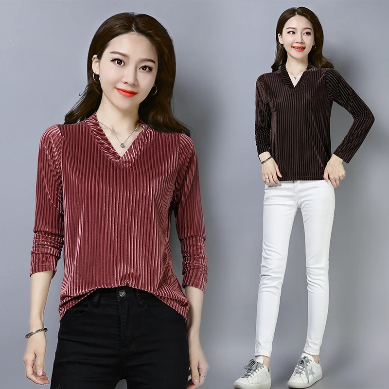 Prekladané Velúrové Blúzka Ženy Tričká Dlhý Rukáv výstrih kórejský Tričko Ženy Blúzky Móda Plus Veľkosti 4XL Dámy Topy Camisas Mujer