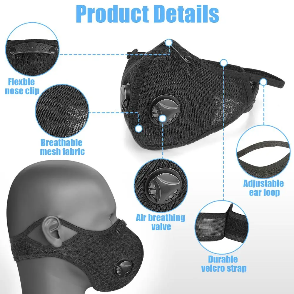 Priedušná pokrývku hlavy Filter S aktívnym Uhlíkom PM 2.5 Proti Znečisteniu Prachotesný Umývateľný pokrývku hlavy Cyklistika Šport, Ochranu Tváre