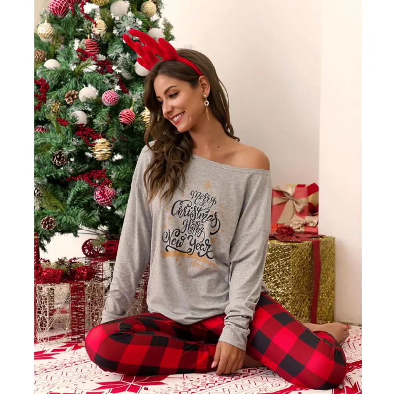 Pyžamo Vianočné zimné Pruhované pyžamo Dlhý Rukáv vianočné pijama žena plus veľkosť Lady Odev Sleepwear T-Shirt