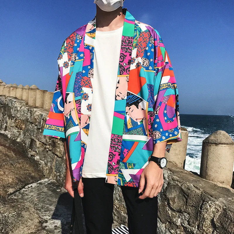 Pánske tričko Plný Zábavné Vytlačiť Japonskom Štýle Kimono Bunda Unisex Krátke Sleeve T-shirt Mužov Kimono Streetwear Harajuku Topy Tričko