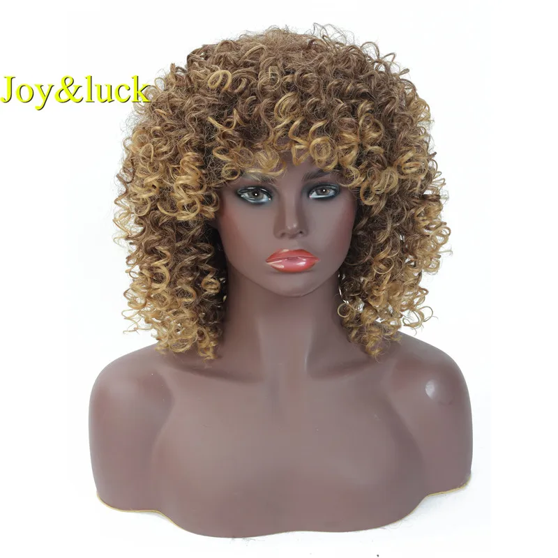 Radosť&šťastie Krátka Parochňa Kinky Afro Kučeravé Syntetické Parochne pre Ženy Ombre Grey Full Parochňa S Ofinou Hnedá Parochňa Africkej Ženy Vlasy Parochňa