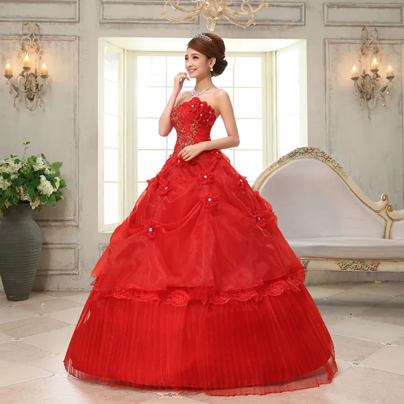 Real Foto vestido de noiva de 2020 Nové Koreal Štýl Kvety bez Ramienok Ružová Červená Princezná svadobné Svadobné Šaty Čipky plesové Šaty