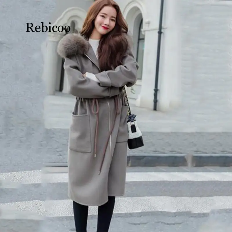Rebicoo kórejská verzia Nové Zimné dlhá srsť žien teplé cashmere Veľké veľkosti elegantné ženy s Kapucňou Vlnené kabát