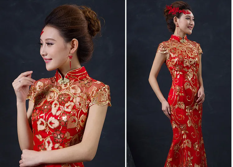 Red Čínske Svadobné Šaty Žena Krátky Dlhý Rukáv Cheongsam Zlato Slim Čínske Tradičné Šaty Žien Qipao pre Svadobné Party