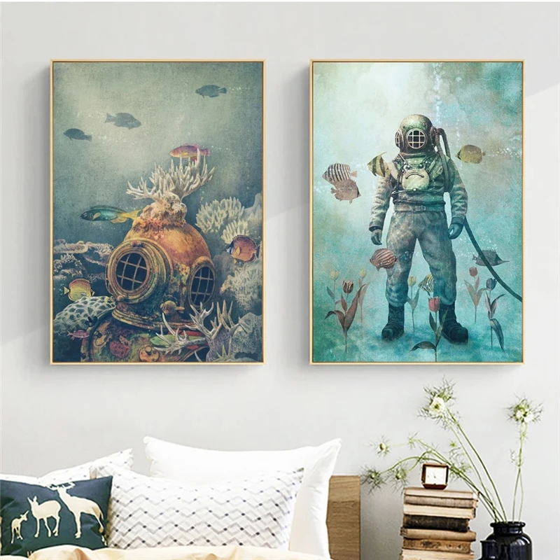 Retro Deep Sea Potápačov Podmorského Sveta Veľryba Wall Art Vytlačí Plagát Maľba Na Plátne, Obrazov Na Stenu Pre Obývacej Miestnosti Dekorácie