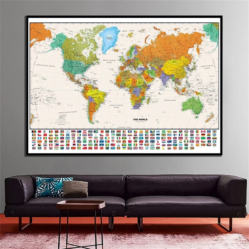 Retro Mapa Sveta s Národnej Vlajky, Plátno, Maľovanie Plagátov a Vytlačí Nálepky na Stenu, Dekorácie Skladacia Fyzické Mapy bez rámu