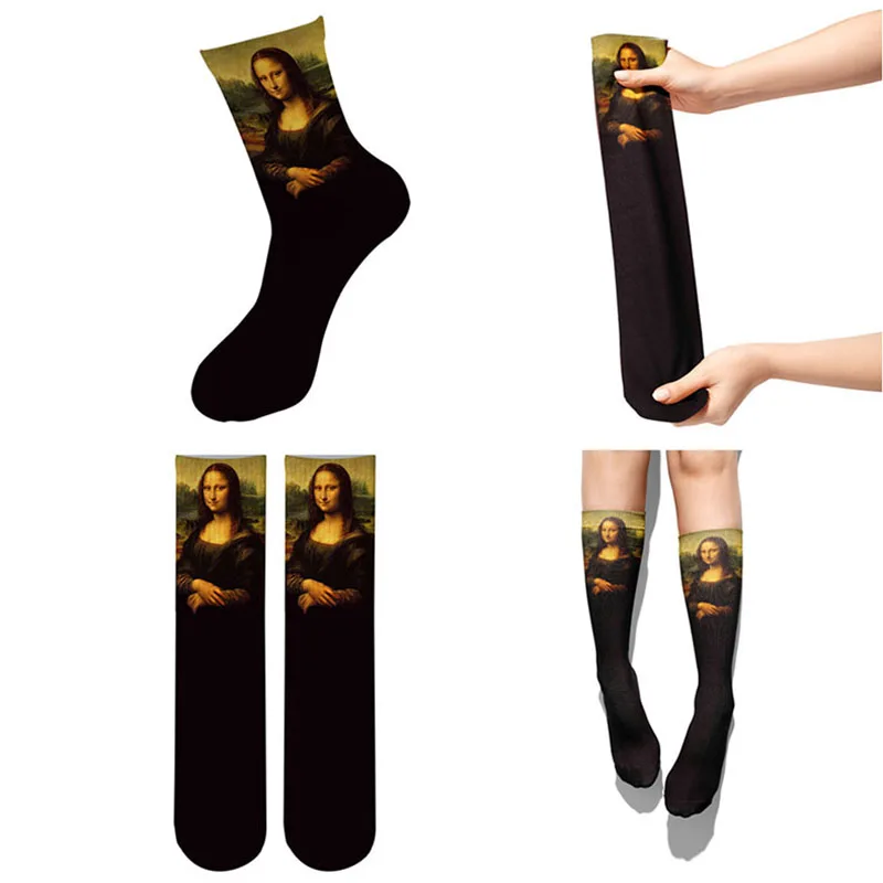 Retro Mona Lisa Slnečnice Ženy Ponožky pánske olejomaľba Unisex Potlačené Bavlnené Ponožky Jar Jeseň Art Obraz Ponožky Naisten Sukat