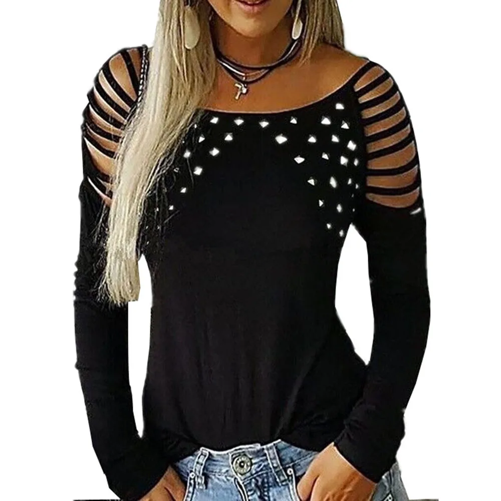 Ripped Sexy T-Shirt Ženy Black Bežné Gotickej Módy Nit Punk Tričko Plus Veľkosť Streetwear Dlhý Rukáv T Košele Jar Roku 2020