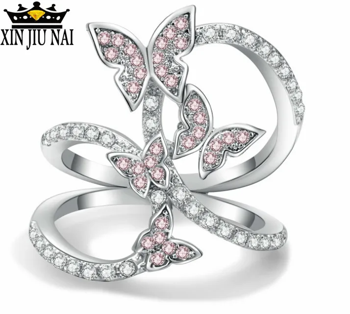 Romantický Štyri Motýľ WomenRing Ružový Kryštál Kubický Zirkón Prstene, Šperky, Zásnubné Krásne Tanečné Party Šperky Veľkosť Prsteňa 5-12