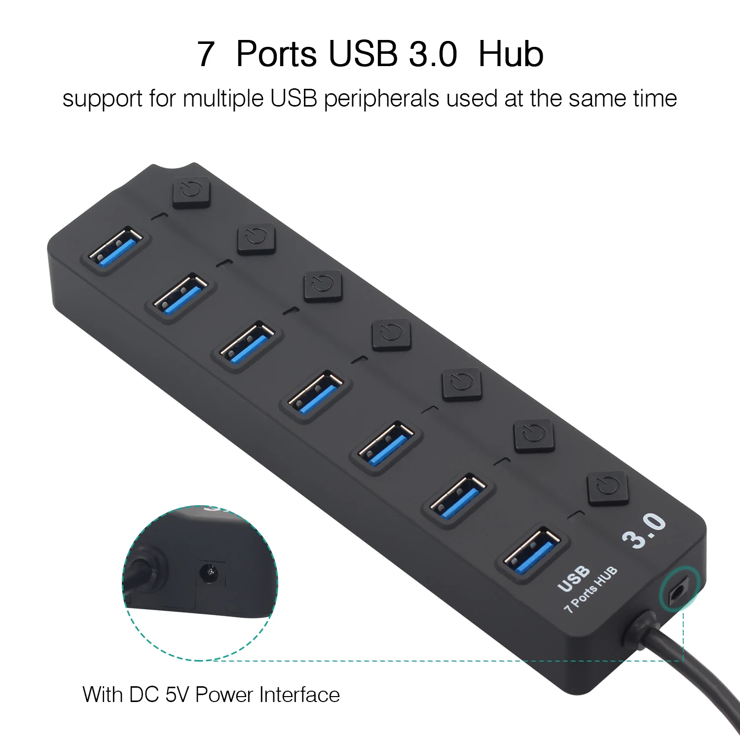 Rozbočovač USB 3.0 vysokorýchlostné 4 / 7 Port USB 3.0 Hub Rozbočovač On/Off vypínač s EU/USA, Napájací Adaptér pre MacBook Notebook PC