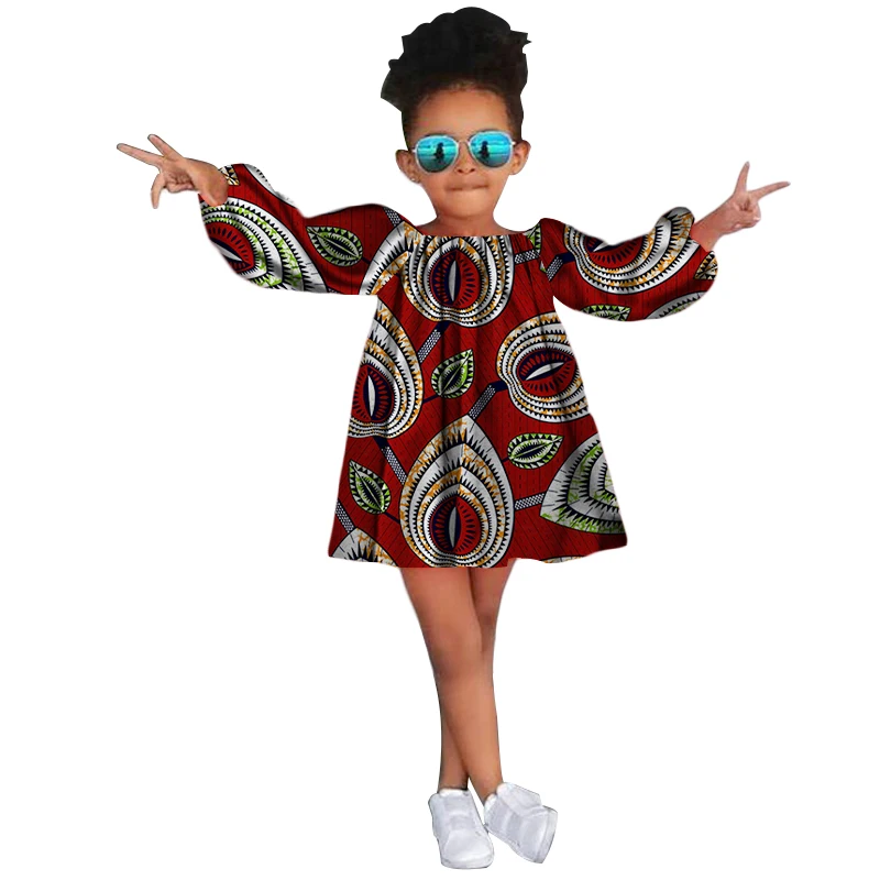 Roztomilý Afriky Šaty pre Deti Dievča Africkej Tlače Dlhý Rukáv Šaty Baby Girl Party Fashion Bazin Riche Afriky Oblečenie WYT225