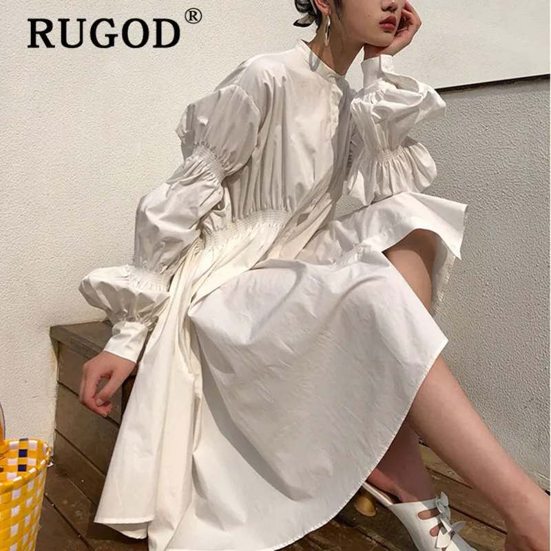 RUGOD 2020 kórejskej Ženy Jeseň Biely Skladaný Tričko Šaty Dlhé Svietidla Rukáv Plus Veľkosť Lady Voľné Midi Strany Klubu Šaty